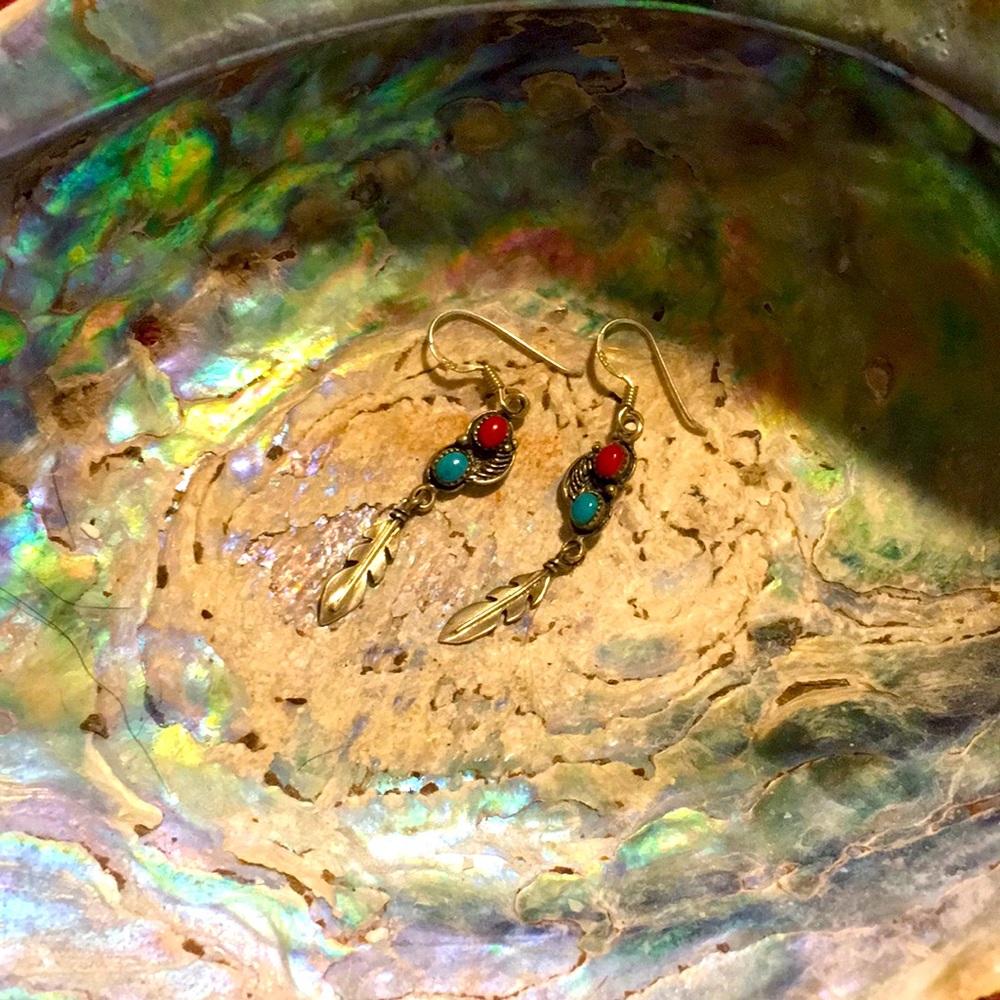 Coral and Turquoise Feather Earrings